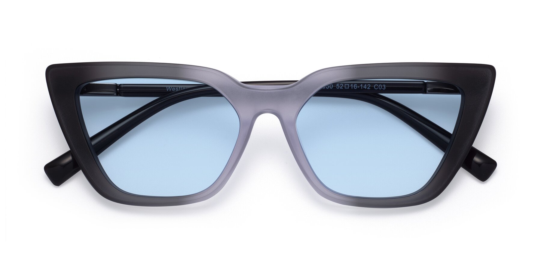 Folded Front of Westley in Gradient Black with Light Blue Tinted Lenses