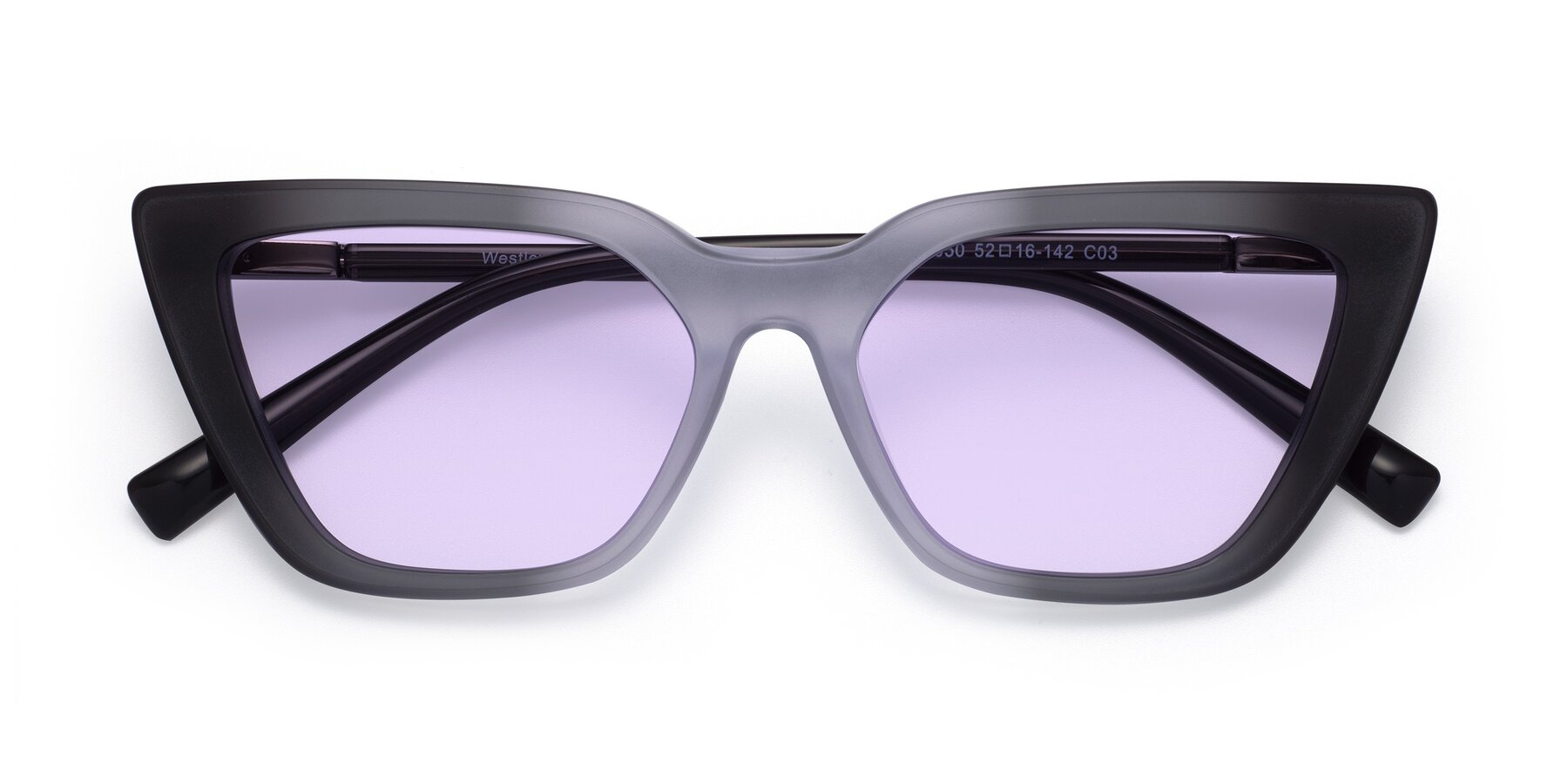 Folded Front of Westley in Gradient Black with Light Purple Tinted Lenses