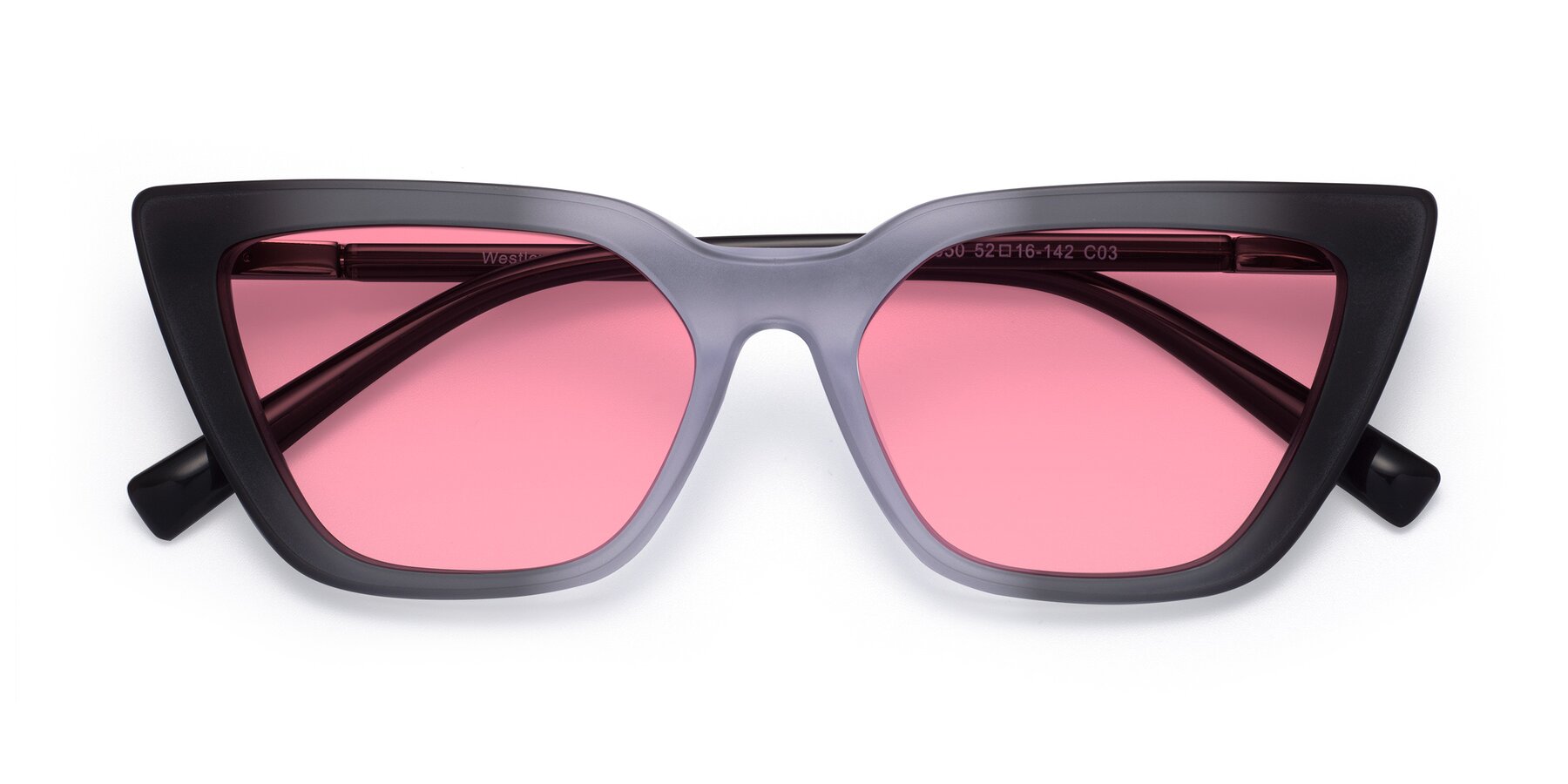 Folded Front of Westley in Gradient Black with Pink Tinted Lenses