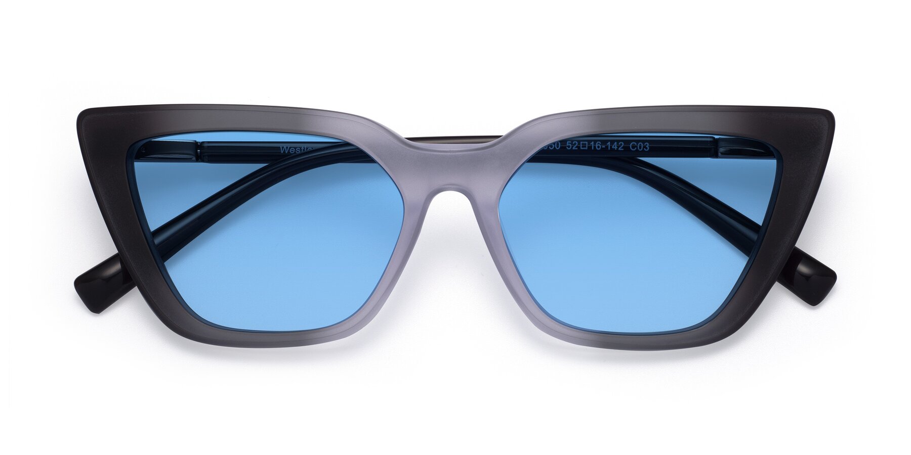 Folded Front of Westley in Gradient Black with Medium Blue Tinted Lenses
