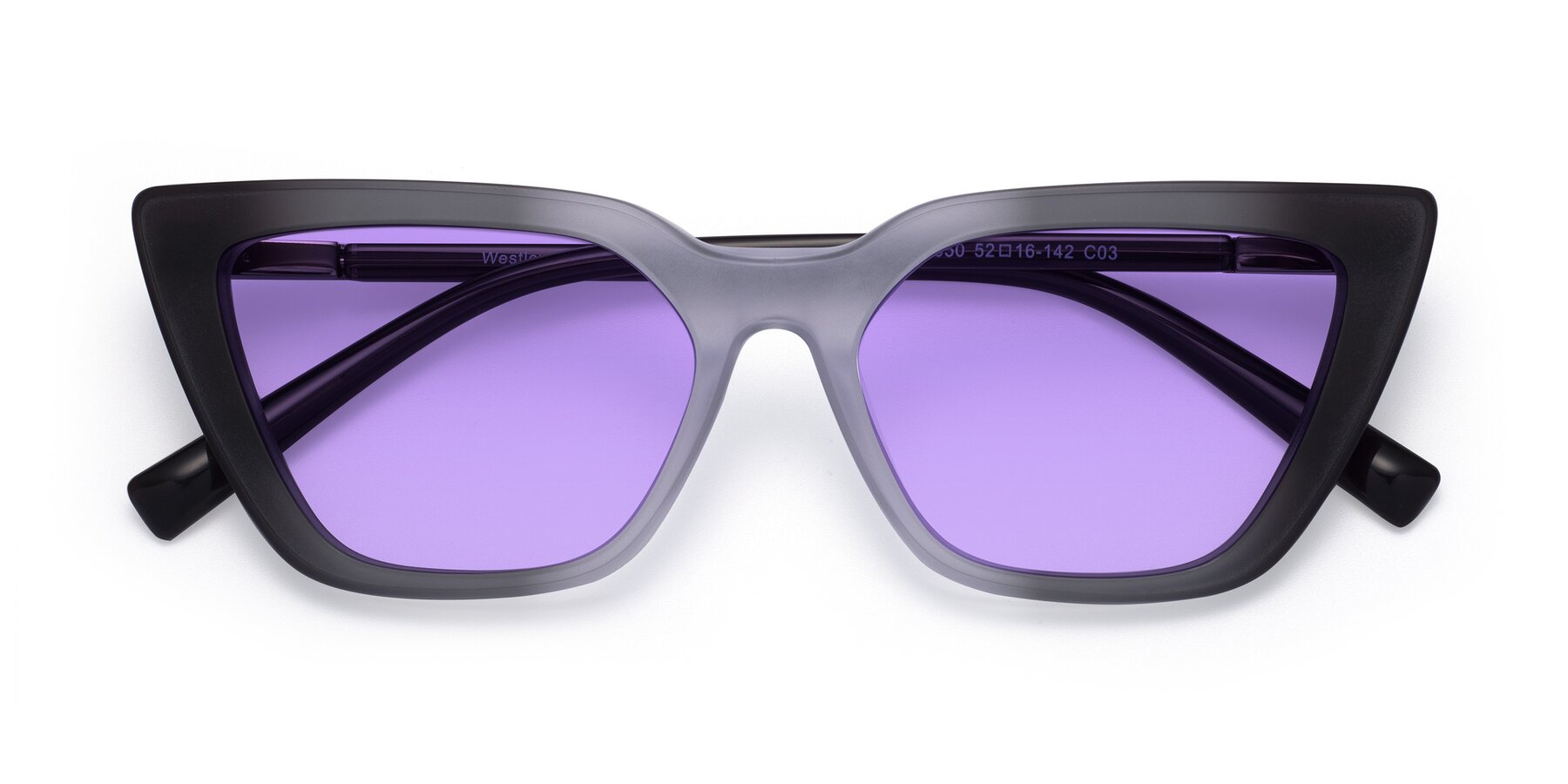 Folded Front of Westley in Gradient Black with Medium Purple Tinted Lenses