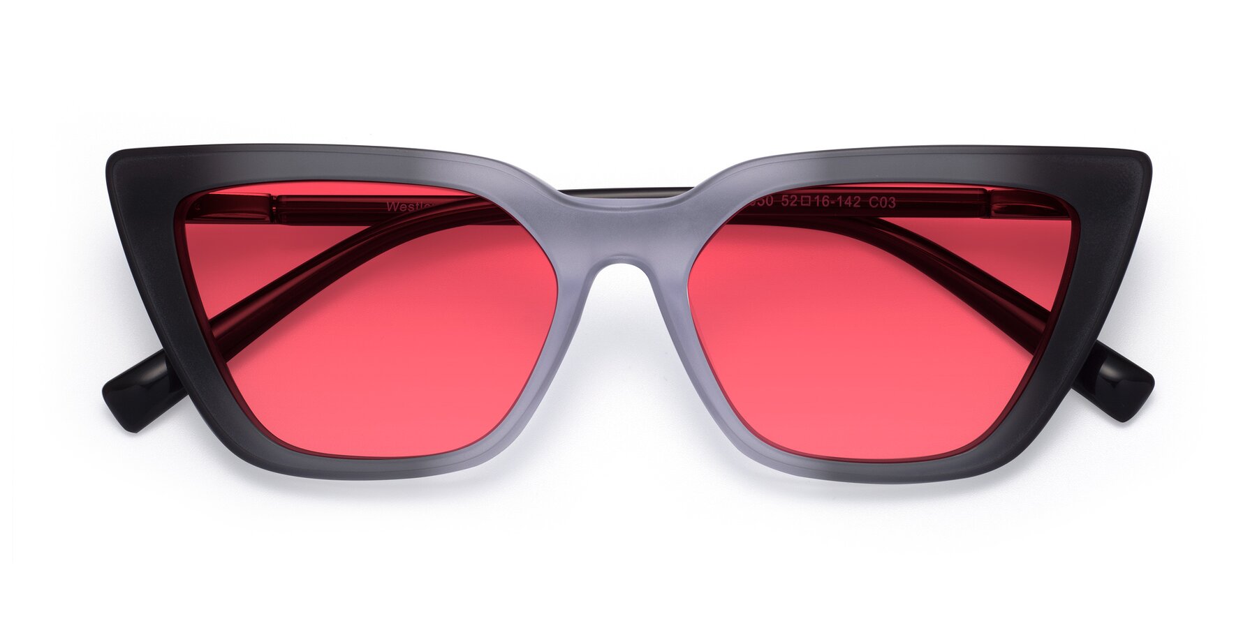 Folded Front of Westley in Gradient Black with Red Tinted Lenses