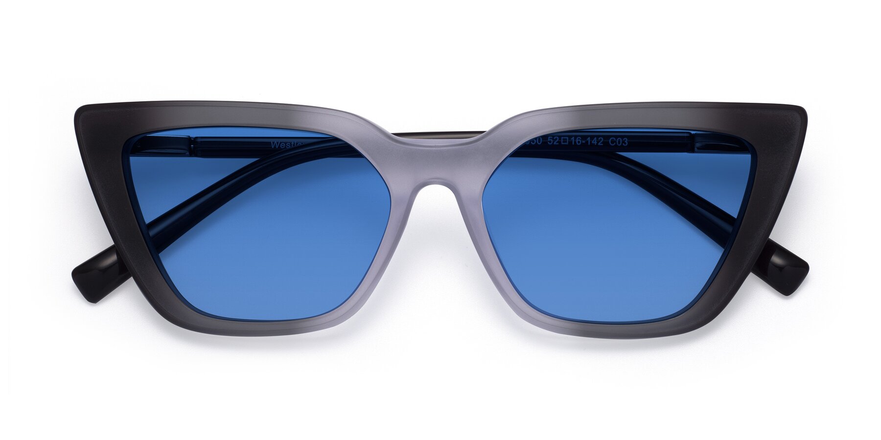 Folded Front of Westley in Gradient Black with Blue Tinted Lenses