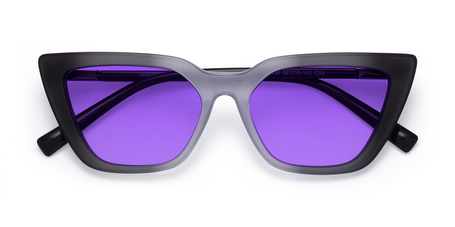 Folded Front of Westley in Gradient Black with Purple Tinted Lenses
