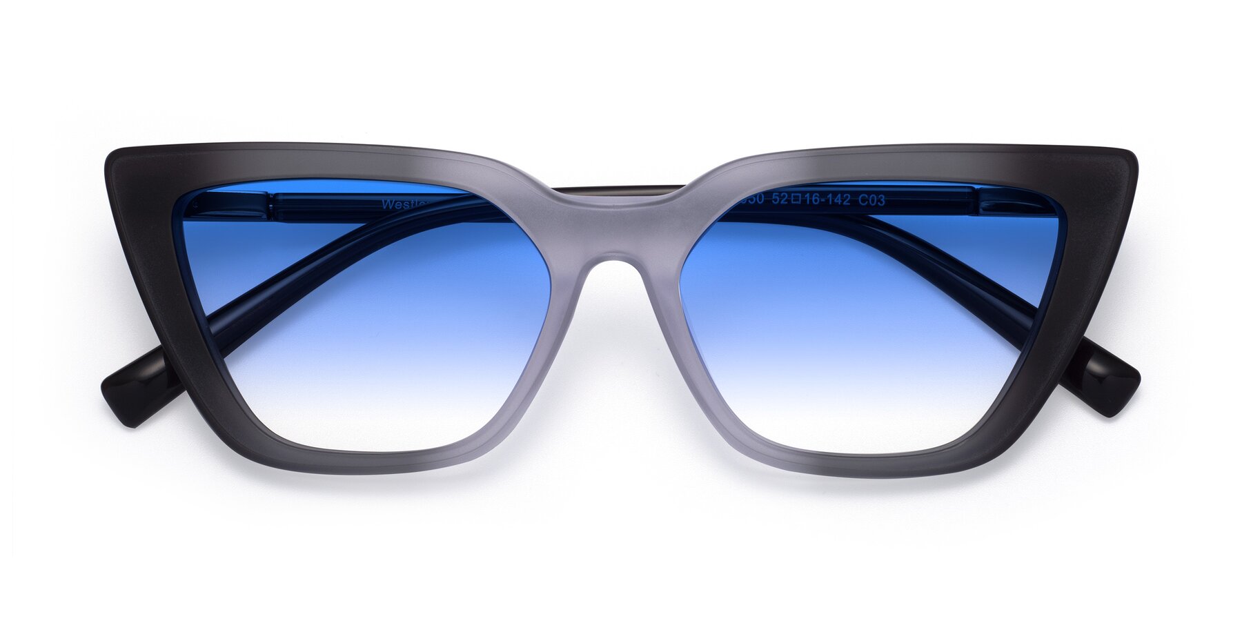 Folded Front of Westley in Gradient Black with Blue Gradient Lenses