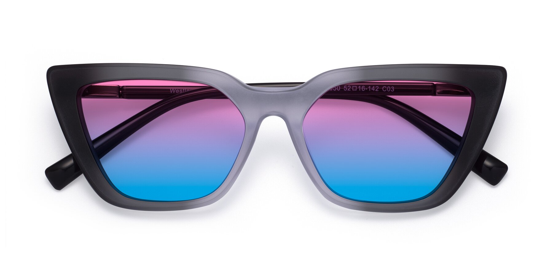 Folded Front of Westley in Gradient Black with Pink / Blue Gradient Lenses