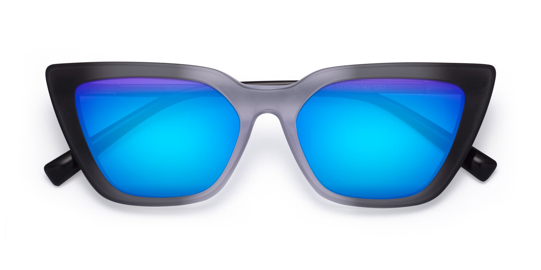 Folded Front of Westley in Gradient Black with Blue Mirrored Lenses