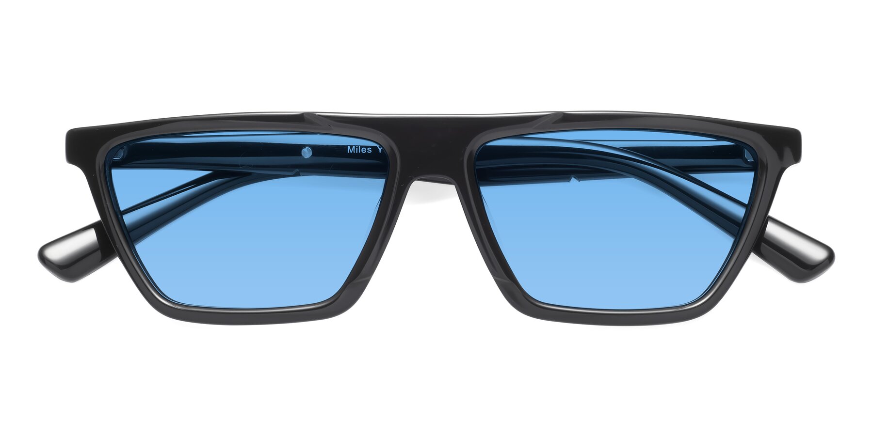 Folded Front of Miles in Black with Medium Blue Tinted Lenses