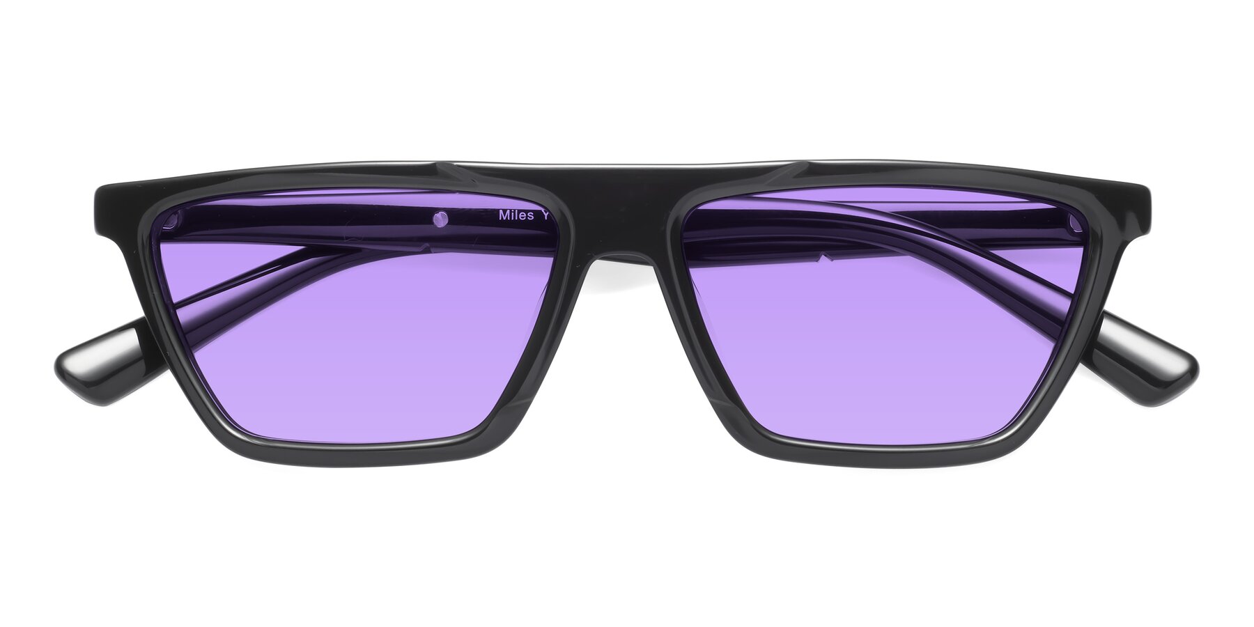 Folded Front of Miles in Black with Medium Purple Tinted Lenses