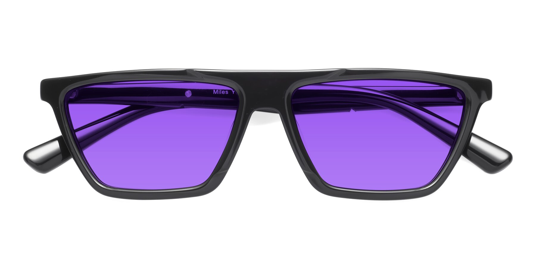 Folded Front of Miles in Black with Purple Tinted Lenses