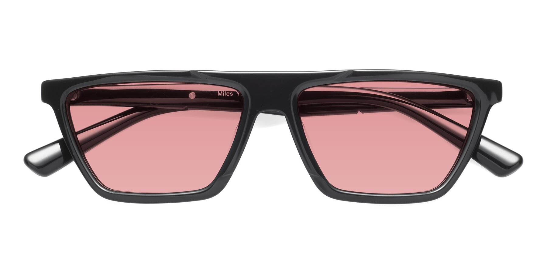 Folded Front of Miles in Black with Medium Garnet Tinted Lenses