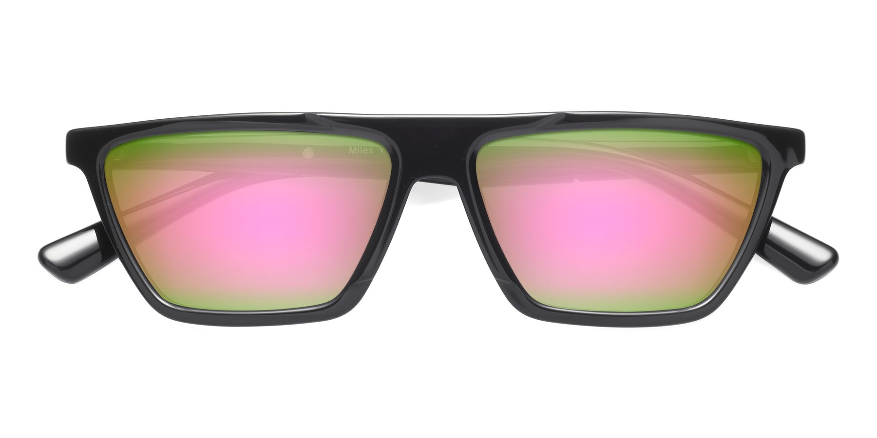 Folded Front of Miles in Black with Pink Mirrored Lenses
