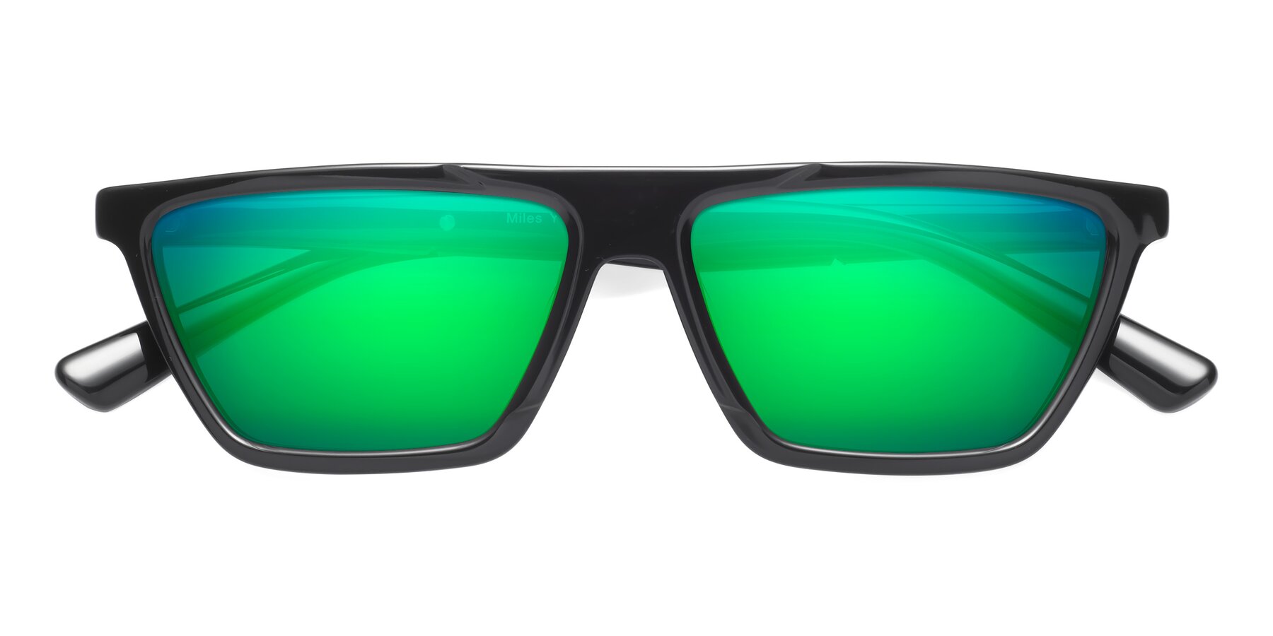 Folded Front of Miles in Black with Green Mirrored Lenses