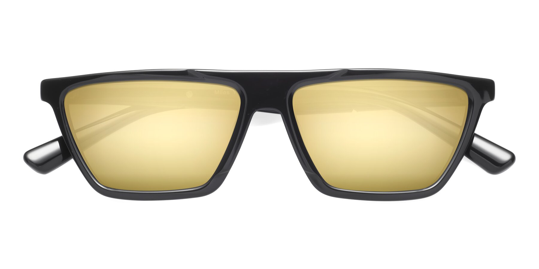 Folded Front of Miles in Black with Gold Mirrored Lenses