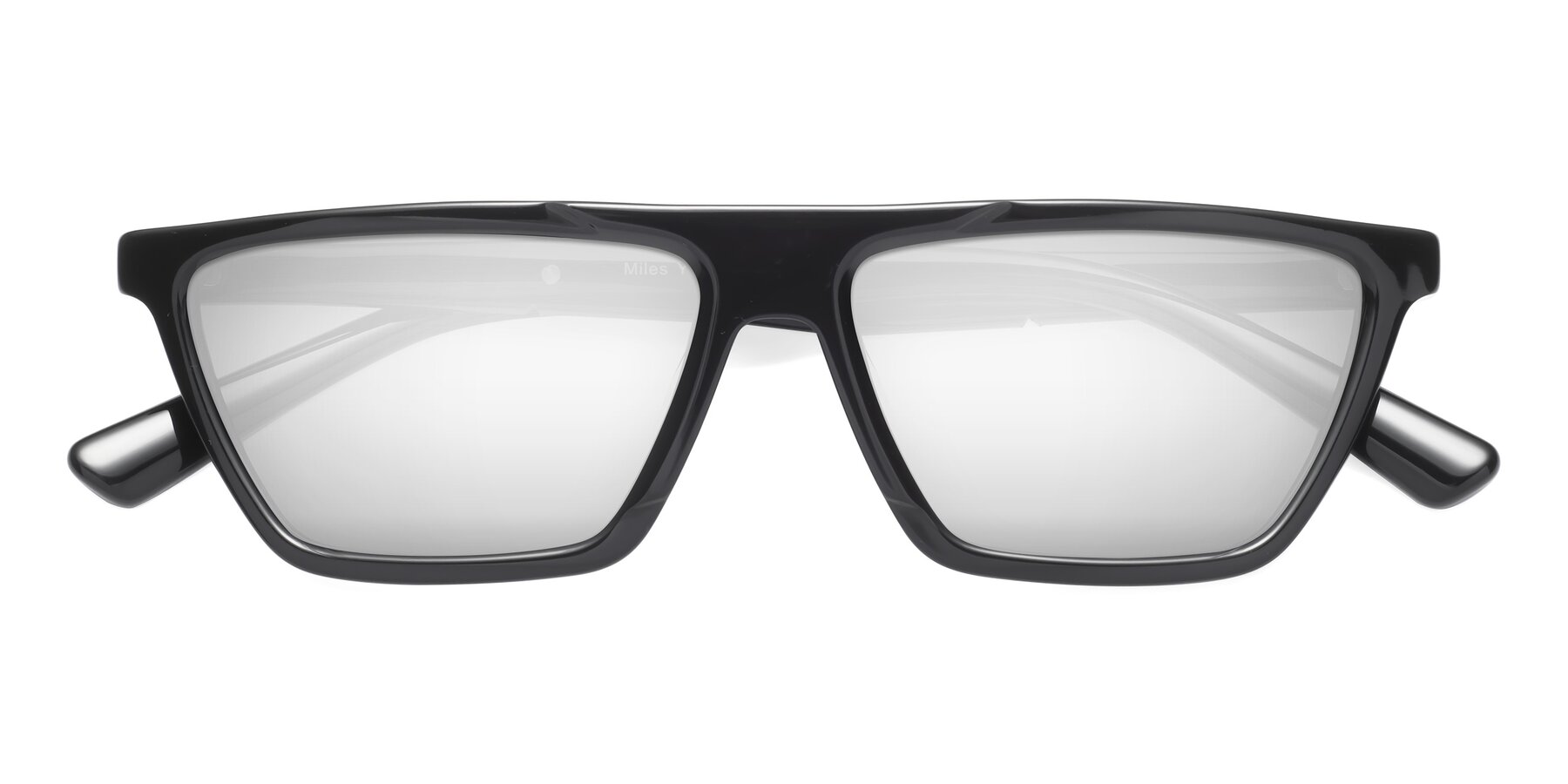 Folded Front of Miles in Black with Silver Mirrored Lenses