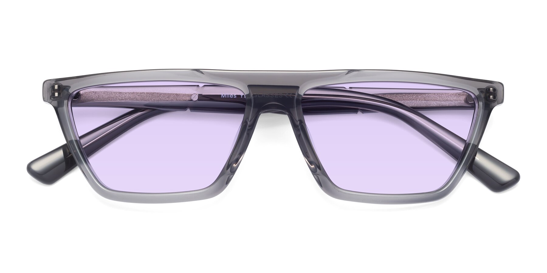 Folded Front of Miles in Translucent Gray with Light Purple Tinted Lenses