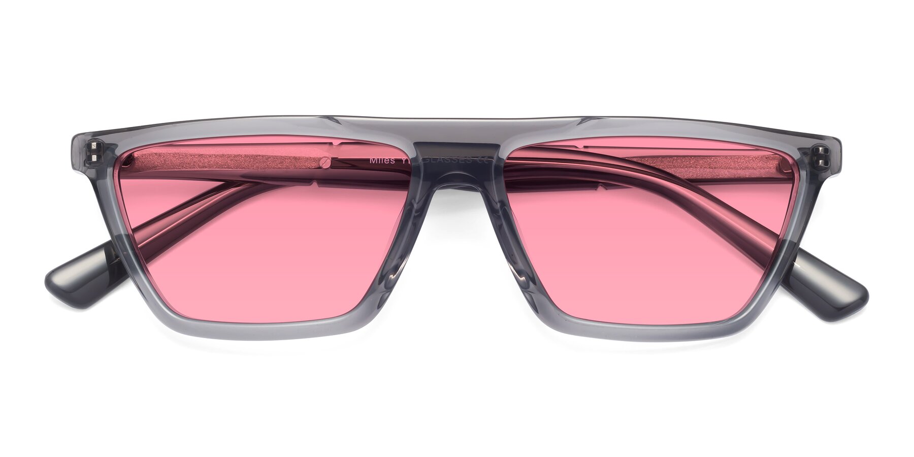 Folded Front of Miles in Translucent Gray with Pink Tinted Lenses