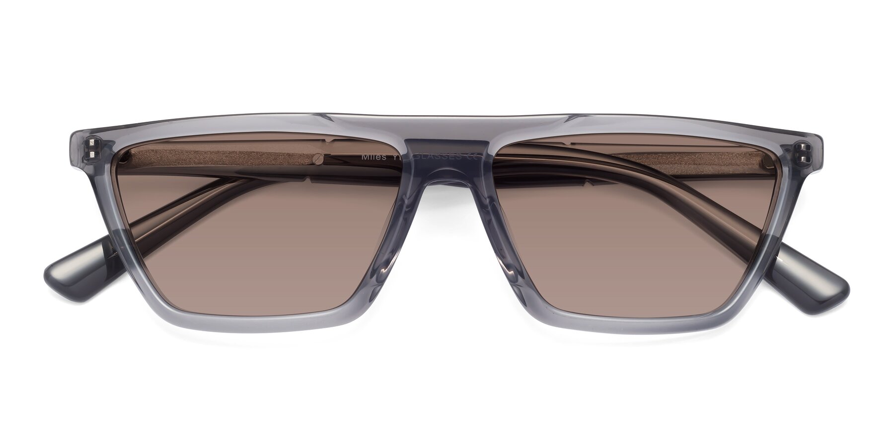 Folded Front of Miles in Translucent Gray with Medium Brown Tinted Lenses
