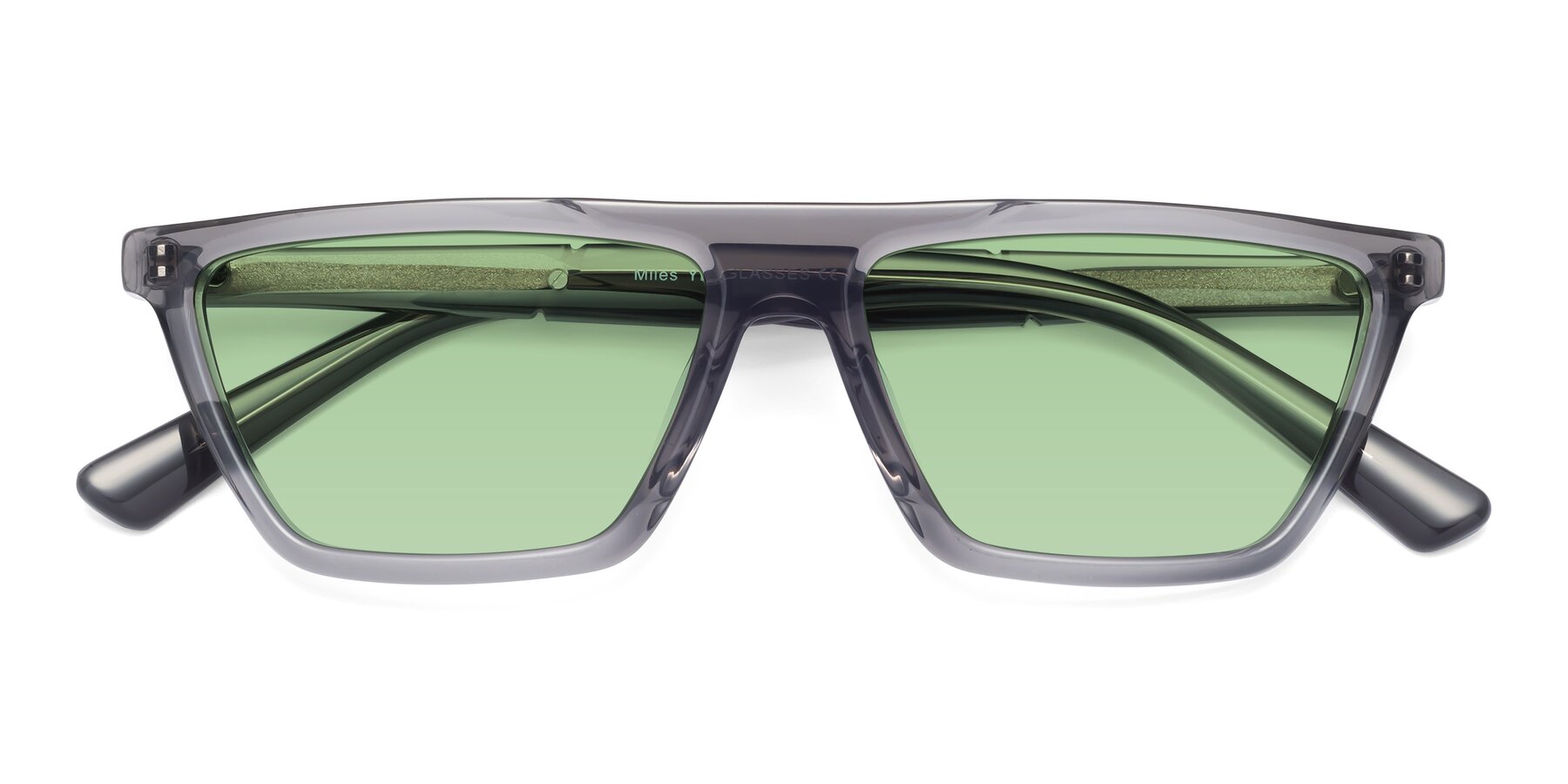 Folded Front of Miles in Translucent Gray with Medium Green Tinted Lenses