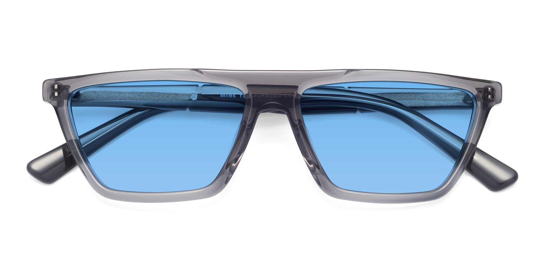 Folded Front of Miles in Translucent Gray with Medium Blue Tinted Lenses