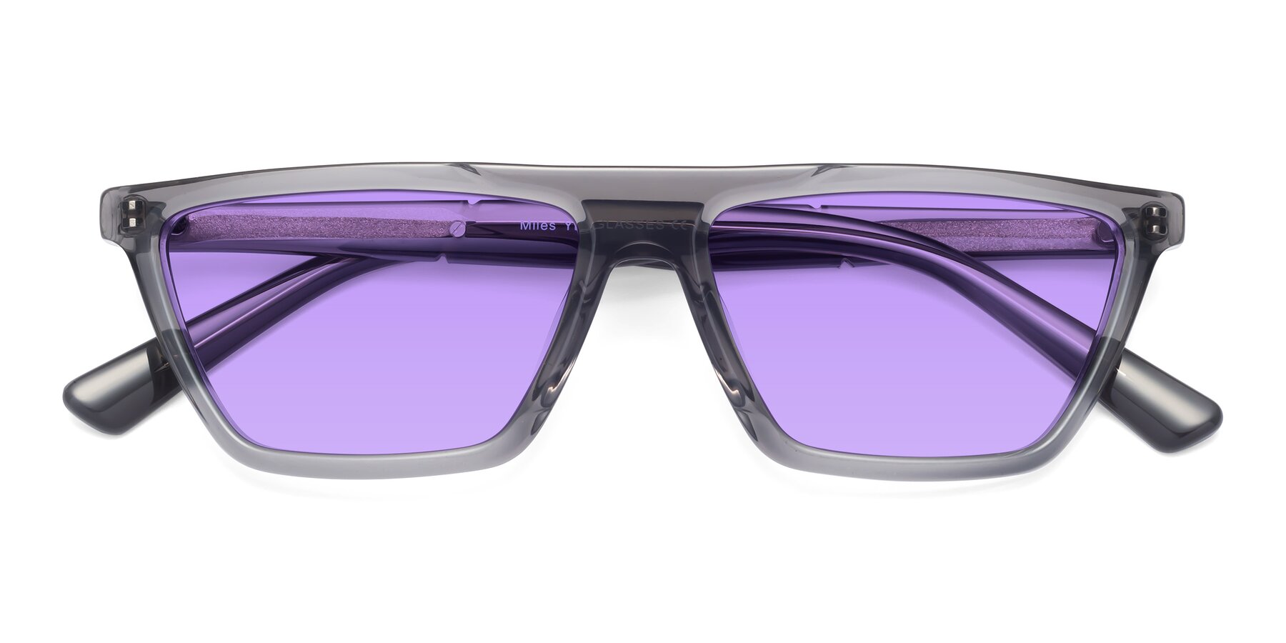 Folded Front of Miles in Translucent Gray with Medium Purple Tinted Lenses