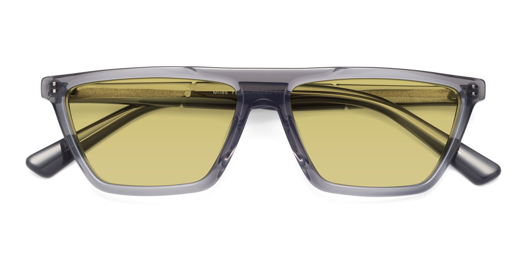 Folded Front of Miles in Translucent Gray with Medium Champagne Tinted Lenses