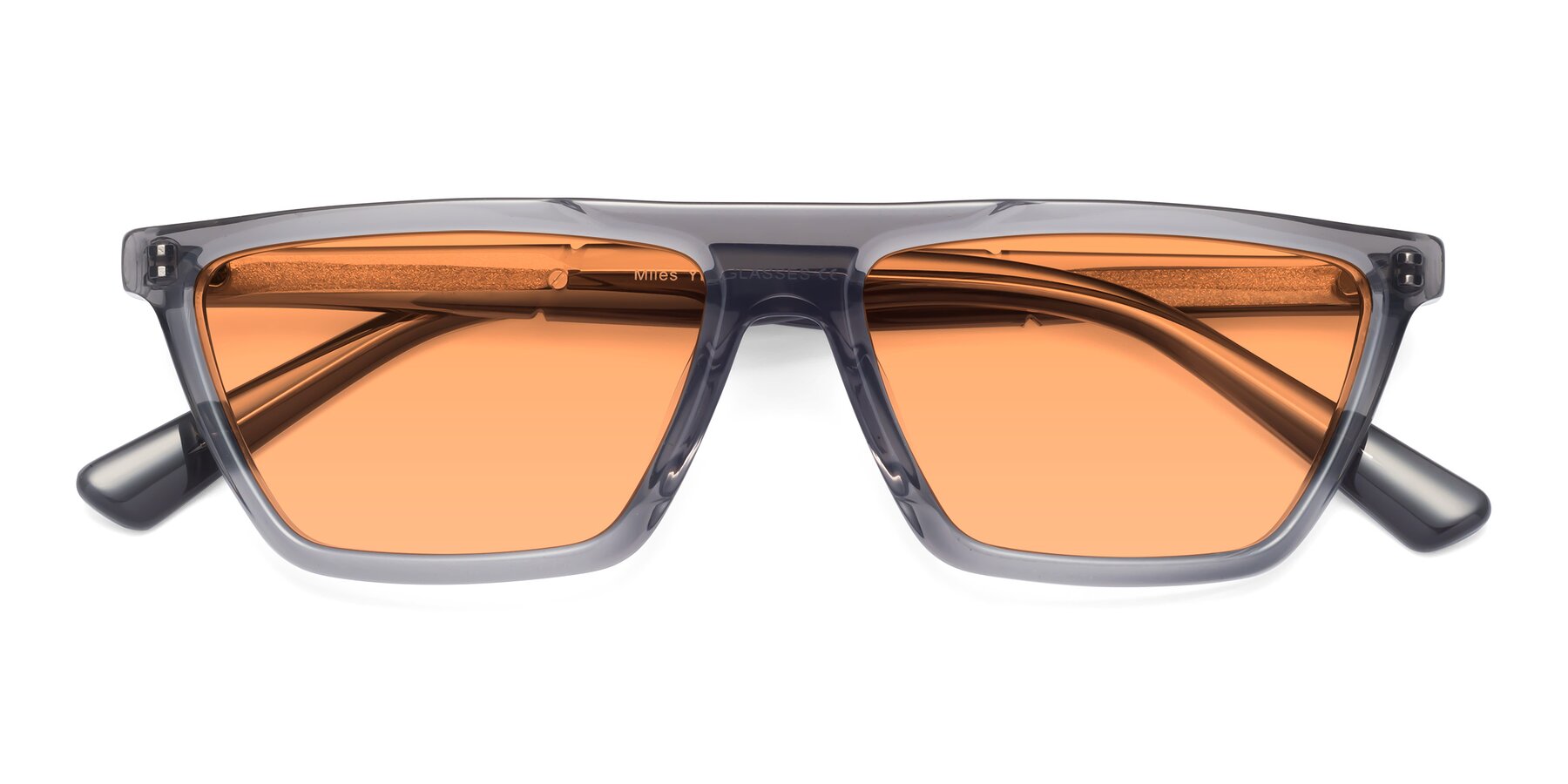 Folded Front of Miles in Translucent Gray with Medium Orange Tinted Lenses