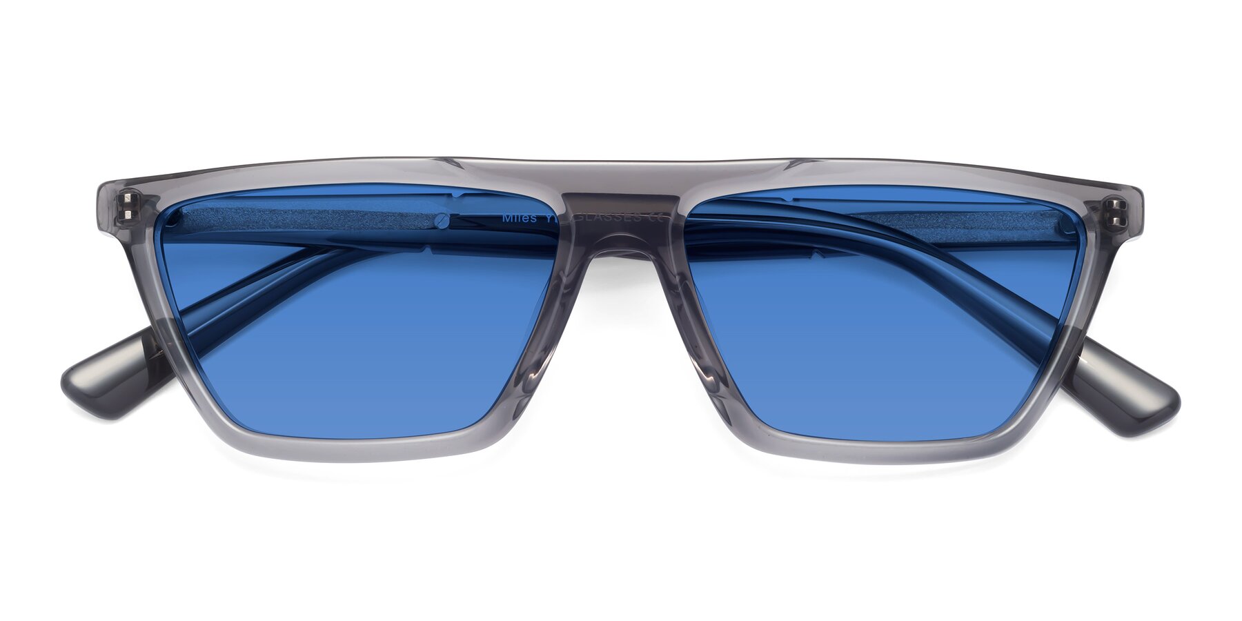 Folded Front of Miles in Translucent Gray with Blue Tinted Lenses