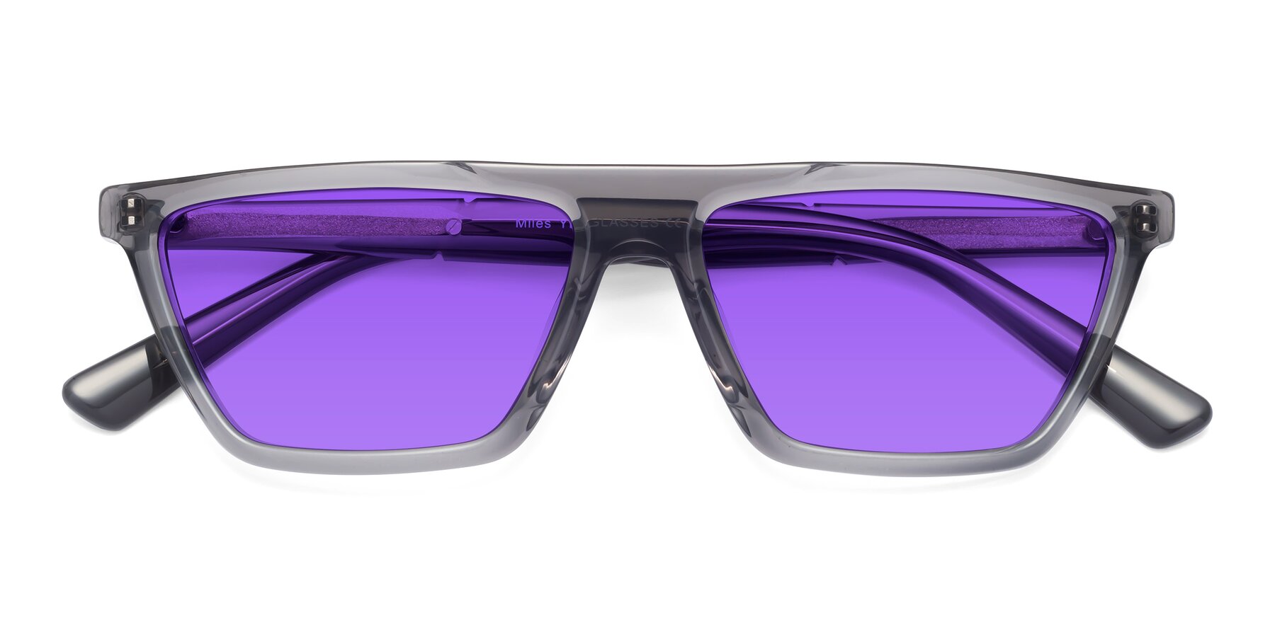 Folded Front of Miles in Translucent Gray with Purple Tinted Lenses