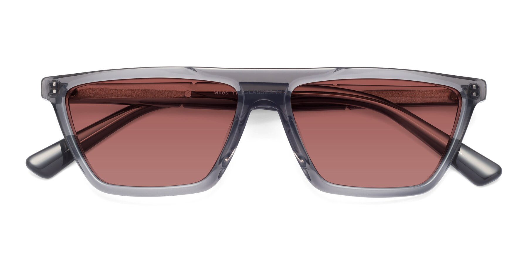 Folded Front of Miles in Translucent Gray with Garnet Tinted Lenses