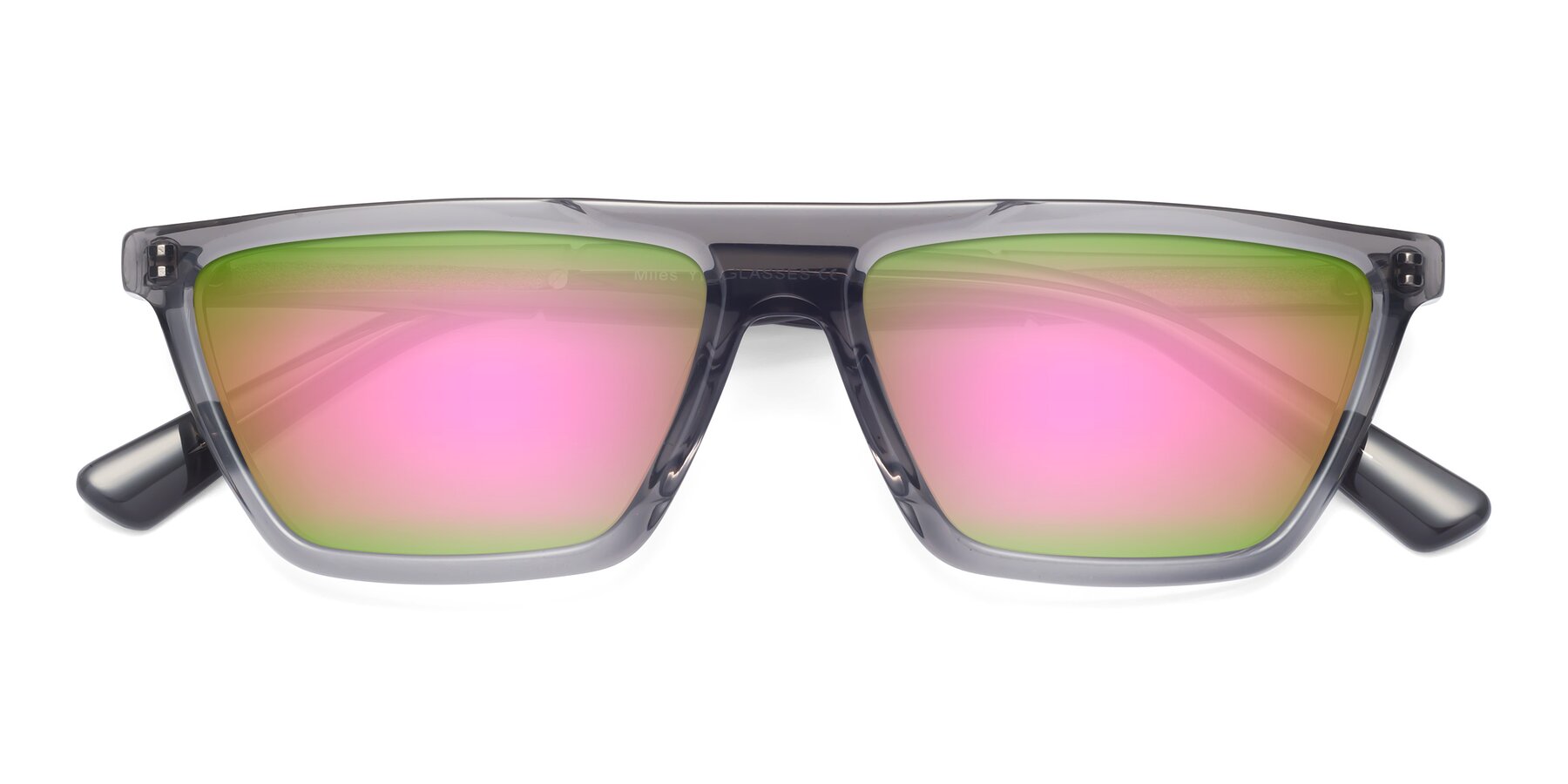 Folded Front of Miles in Translucent Gray with Pink Mirrored Lenses