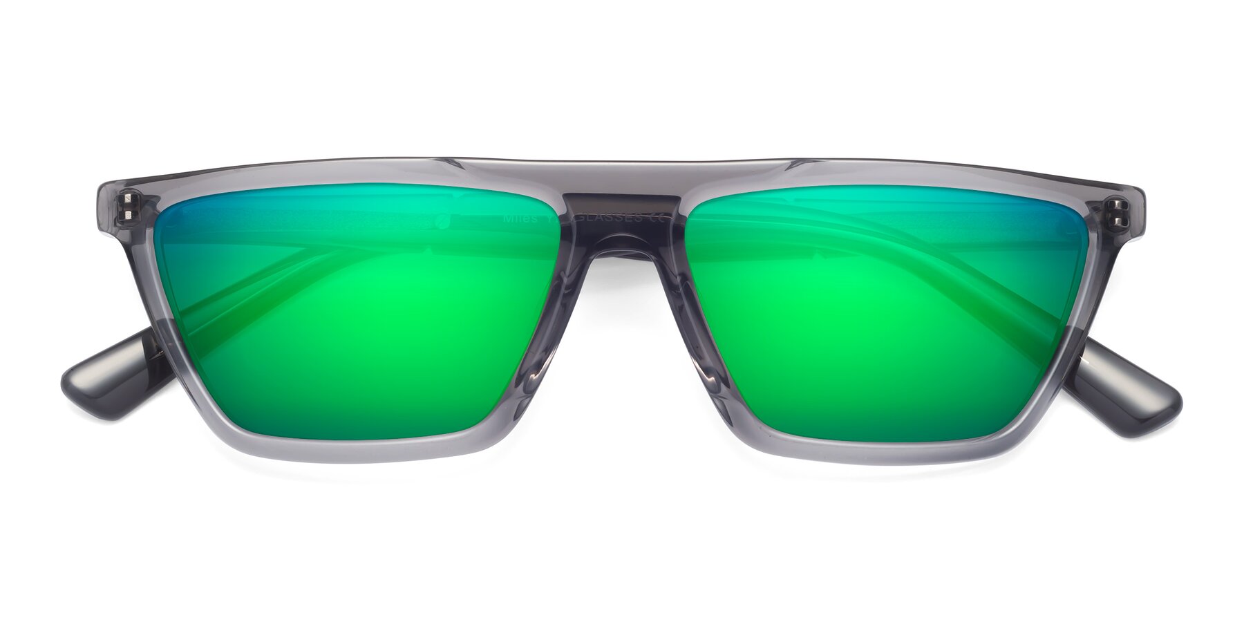 Folded Front of Miles in Translucent Gray with Green Mirrored Lenses