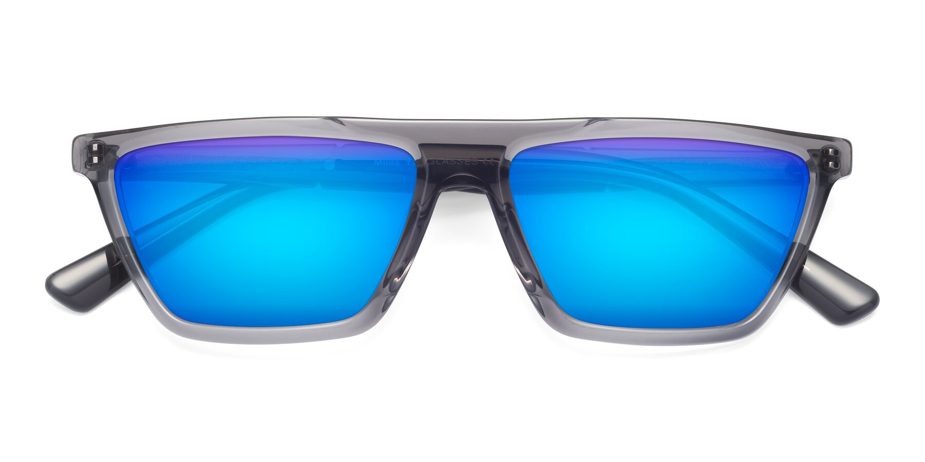 Folded Front of Miles in Translucent Gray with Blue Mirrored Lenses