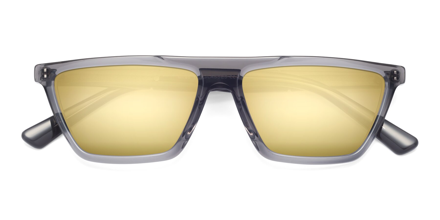 Folded Front of Miles in Translucent Gray with Gold Mirrored Lenses