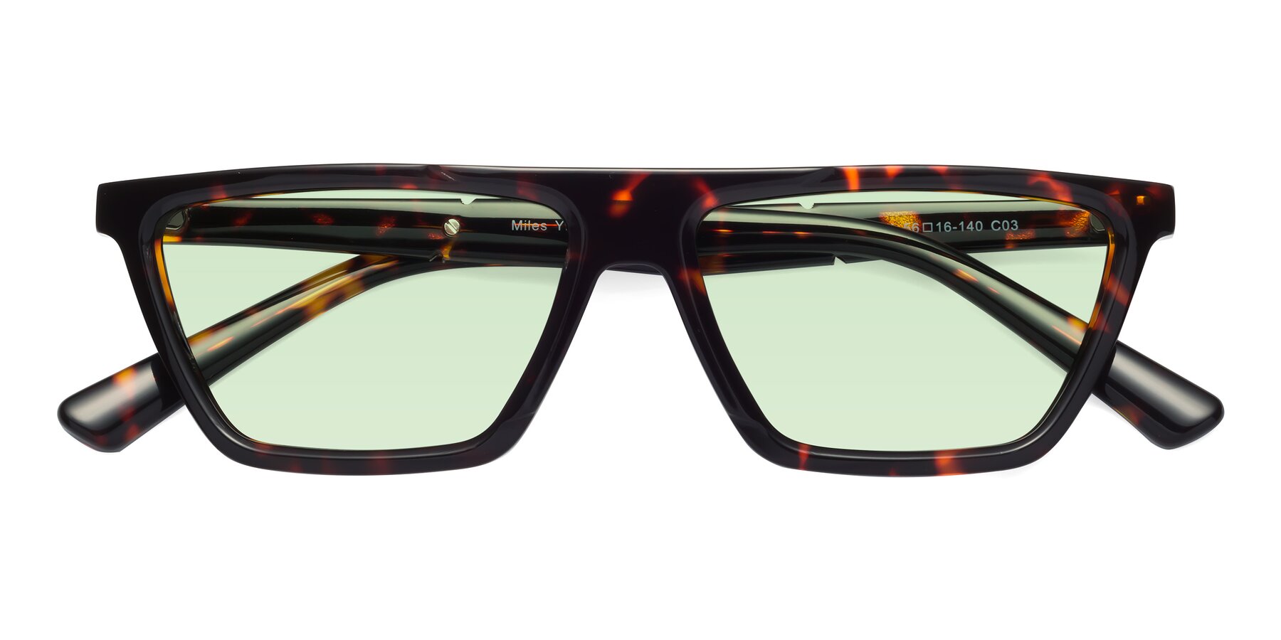 Folded Front of Miles in Tortoise with Light Green Tinted Lenses