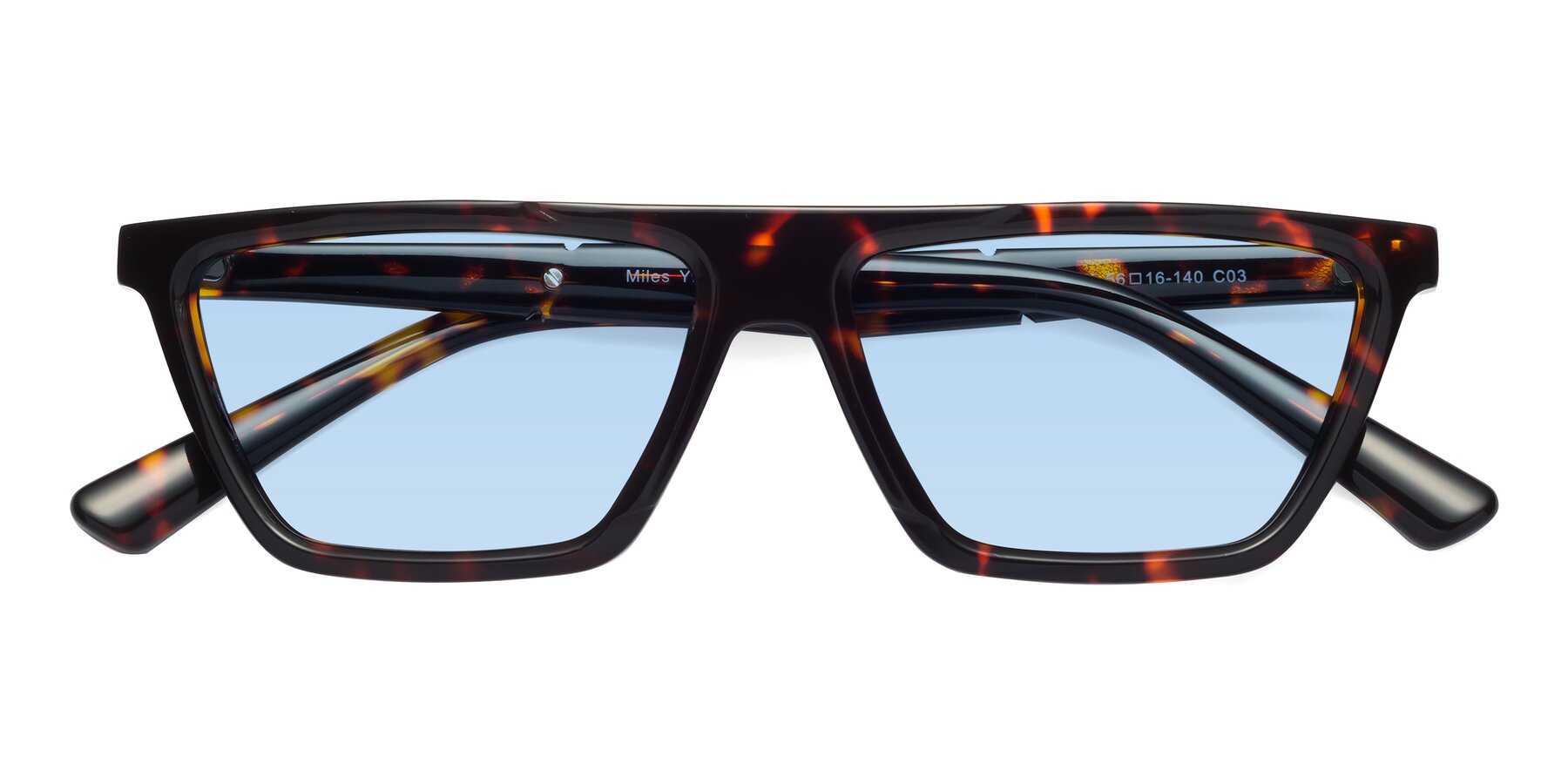 Folded Front of Miles in Tortoise with Light Blue Tinted Lenses