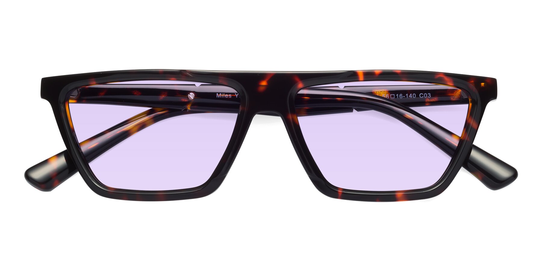 Folded Front of Miles in Tortoise with Light Purple Tinted Lenses