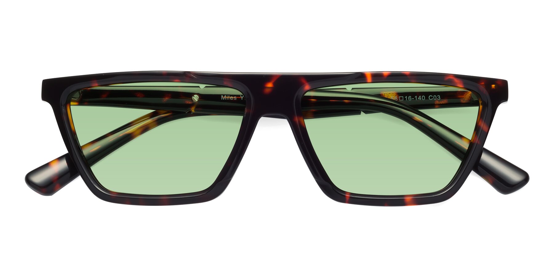 Folded Front of Miles in Tortoise with Medium Green Tinted Lenses