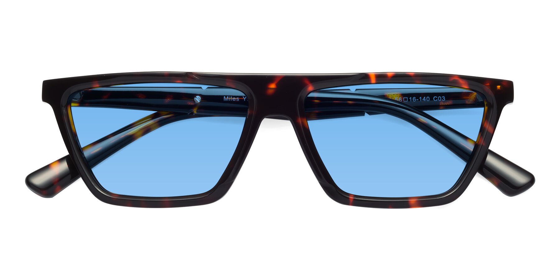 Folded Front of Miles in Tortoise with Medium Blue Tinted Lenses