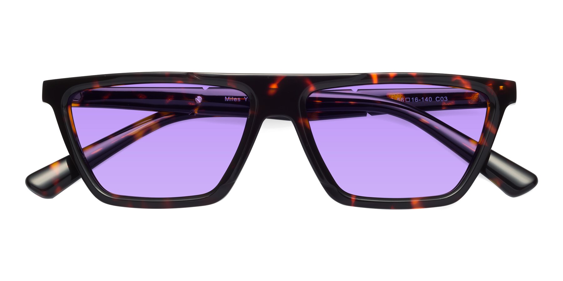 Folded Front of Miles in Tortoise with Medium Purple Tinted Lenses