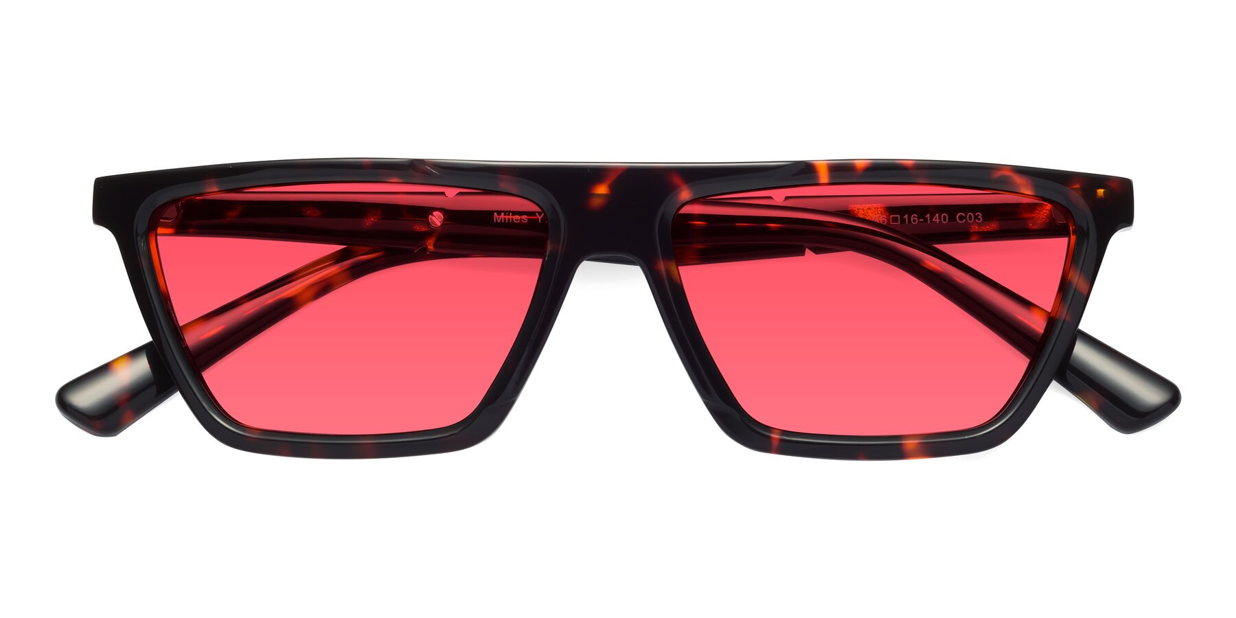 Folded Front of Miles in Tortoise with Red Tinted Lenses