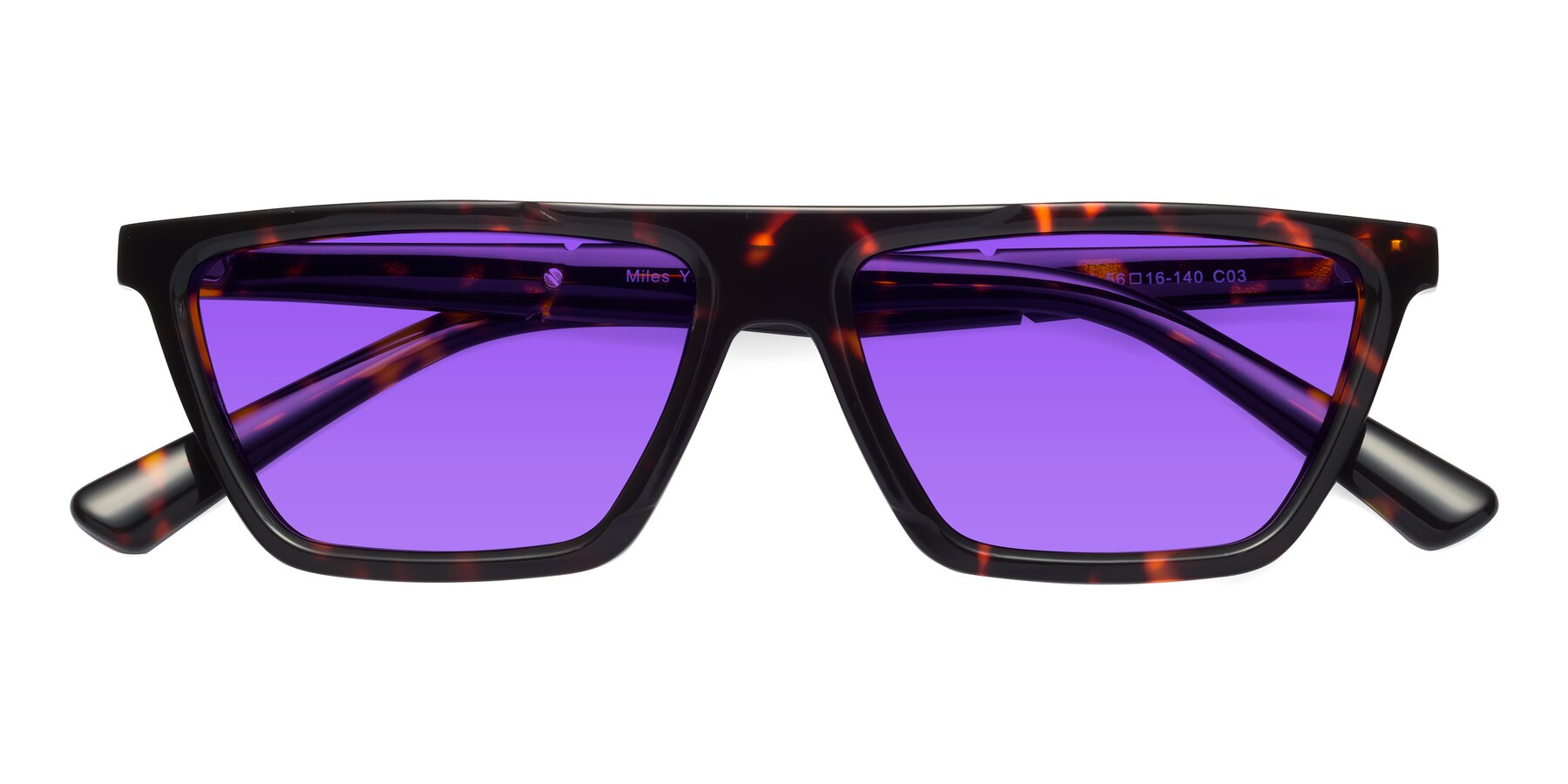 Folded Front of Miles in Tortoise with Purple Tinted Lenses