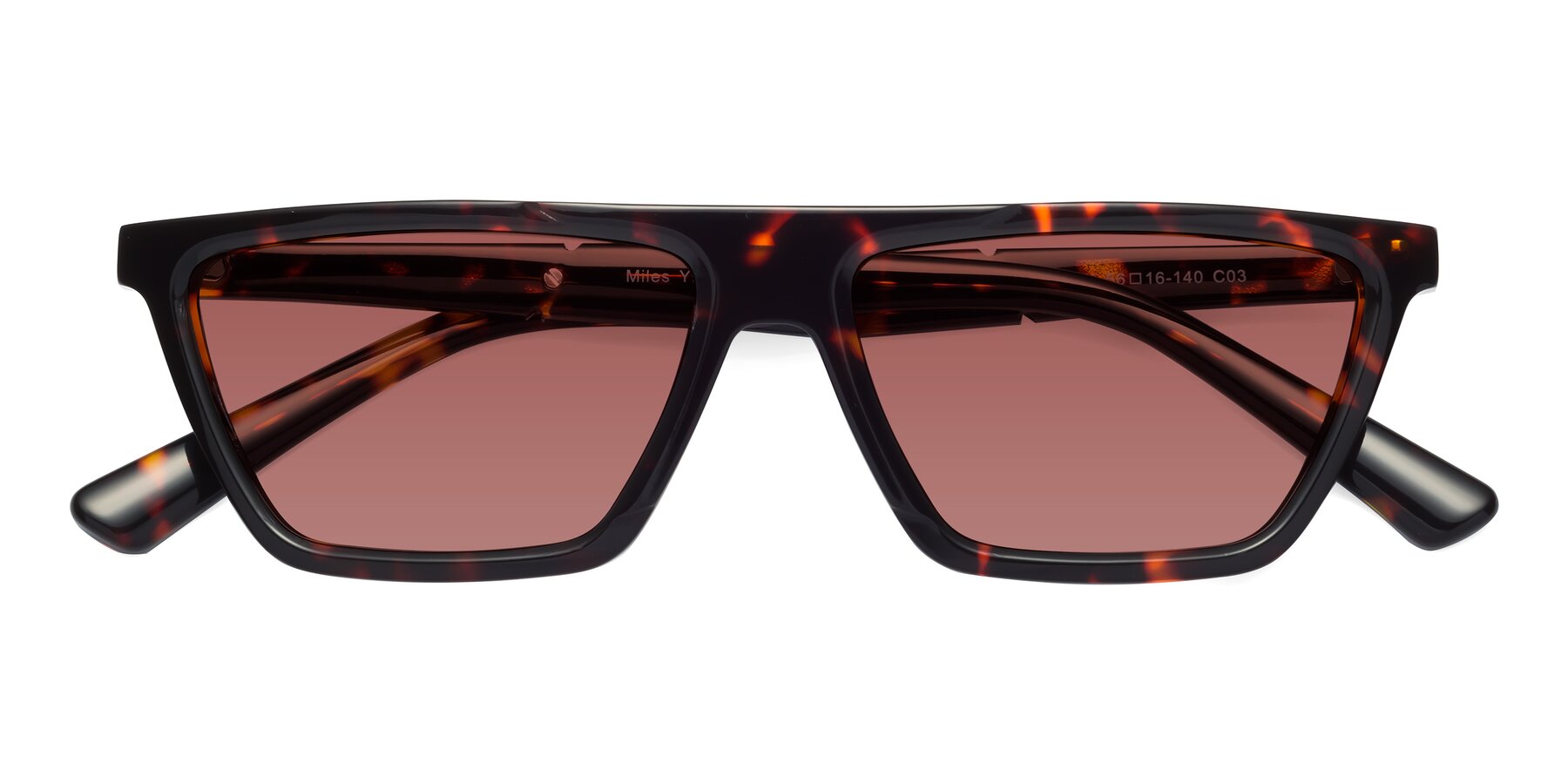 Folded Front of Miles in Tortoise with Garnet Tinted Lenses