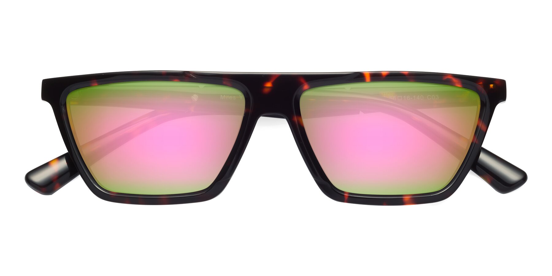Folded Front of Miles in Tortoise with Pink Mirrored Lenses