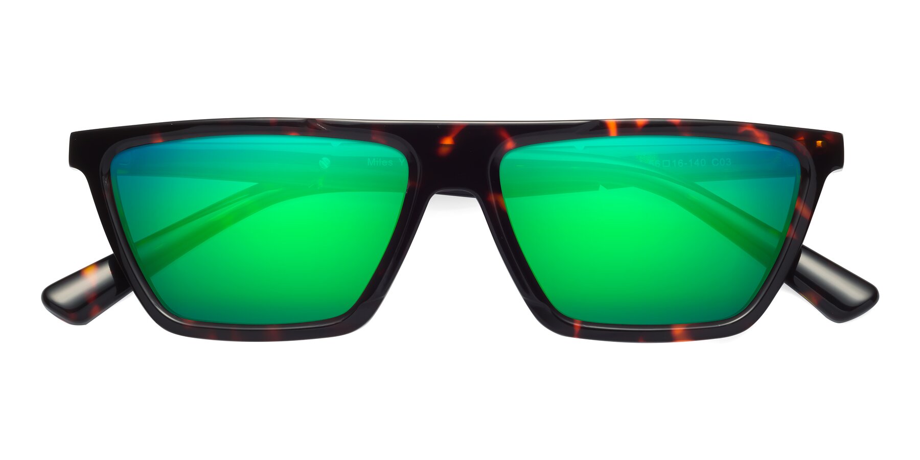 Folded Front of Miles in Tortoise with Green Mirrored Lenses