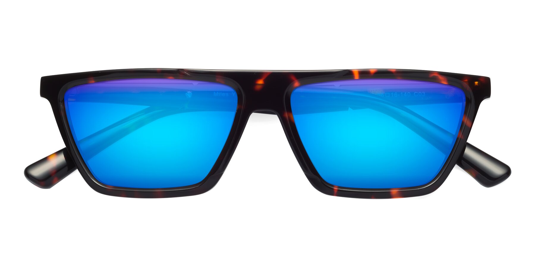 Folded Front of Miles in Tortoise with Blue Mirrored Lenses