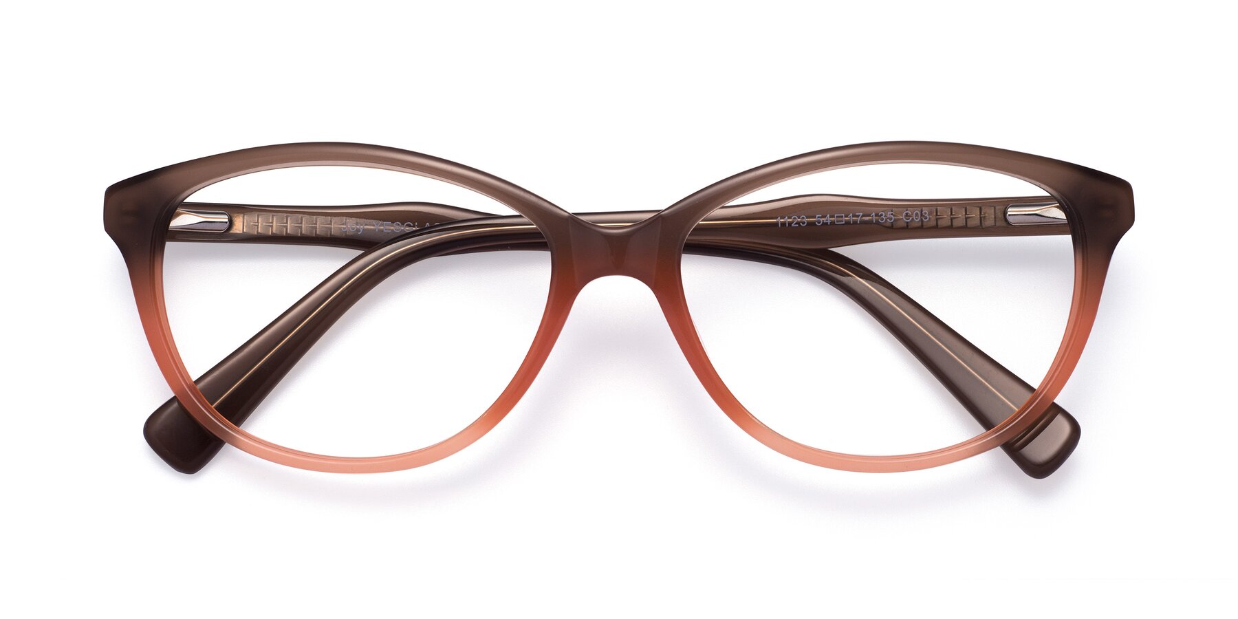 Folded Front of Joy in Floral Brown-Coral with Clear Eyeglass Lenses