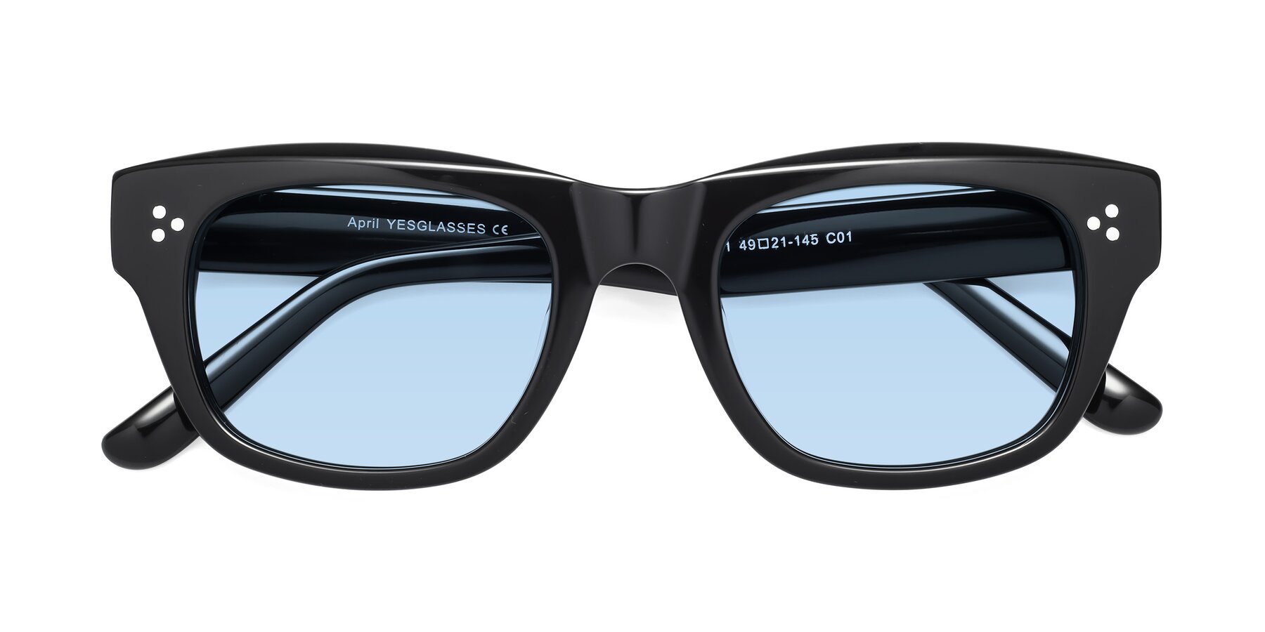 Folded Front of April in Black with Light Blue Tinted Lenses