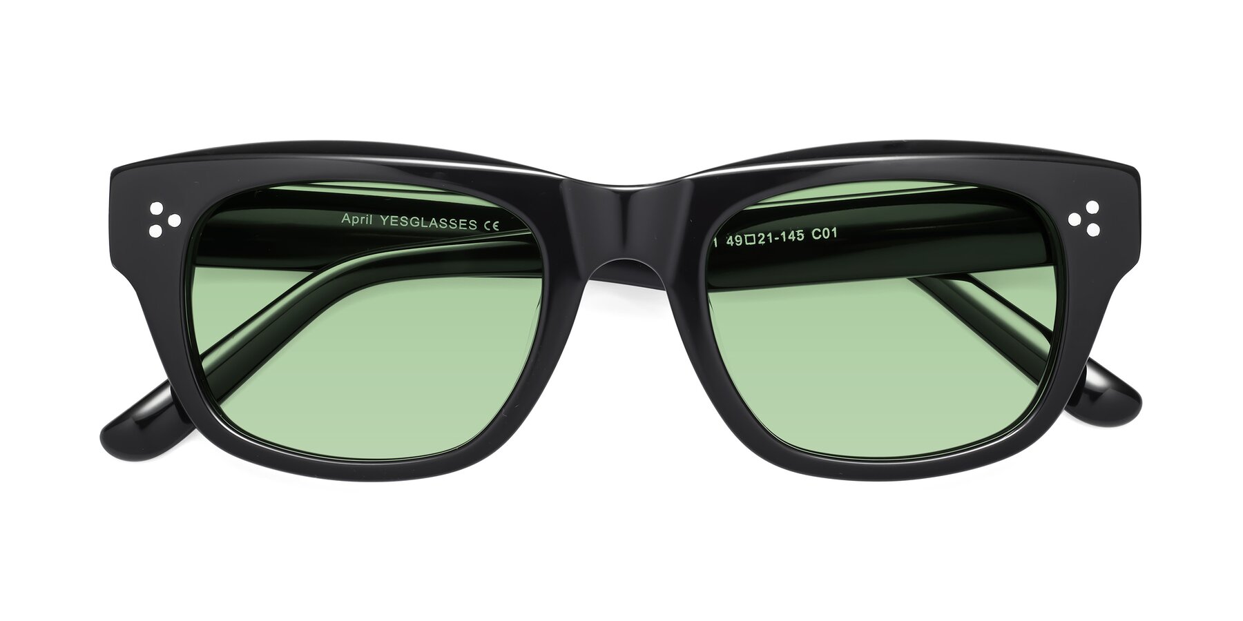 Folded Front of April in Black with Medium Green Tinted Lenses
