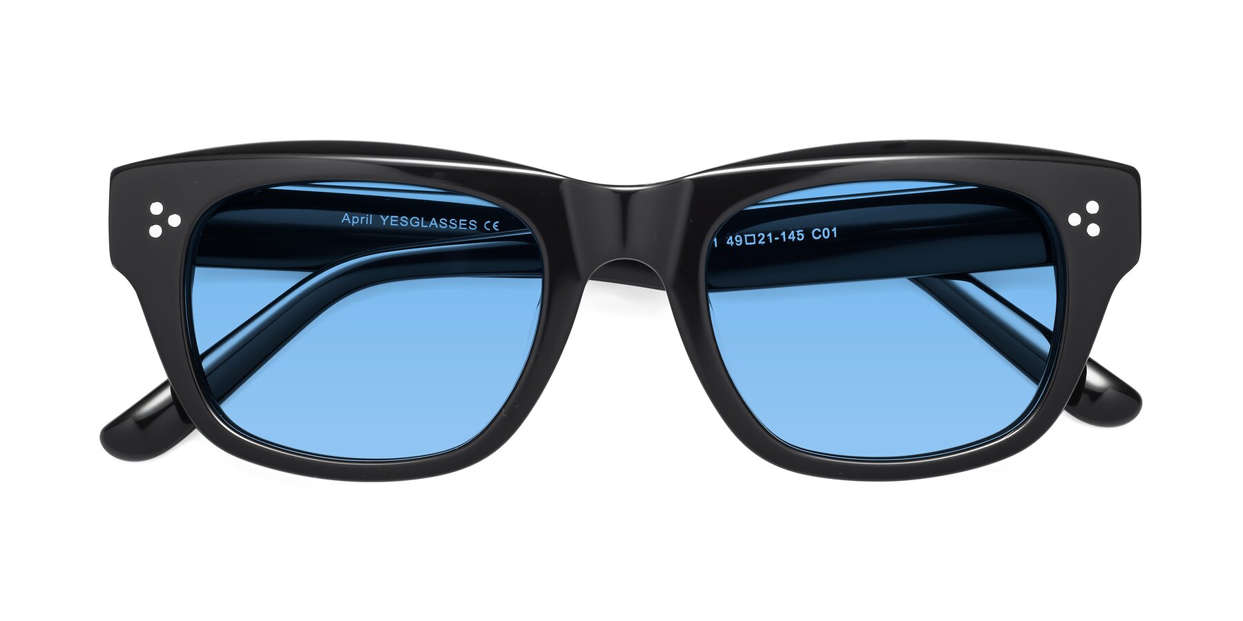 Folded Front of April in Black with Medium Blue Tinted Lenses